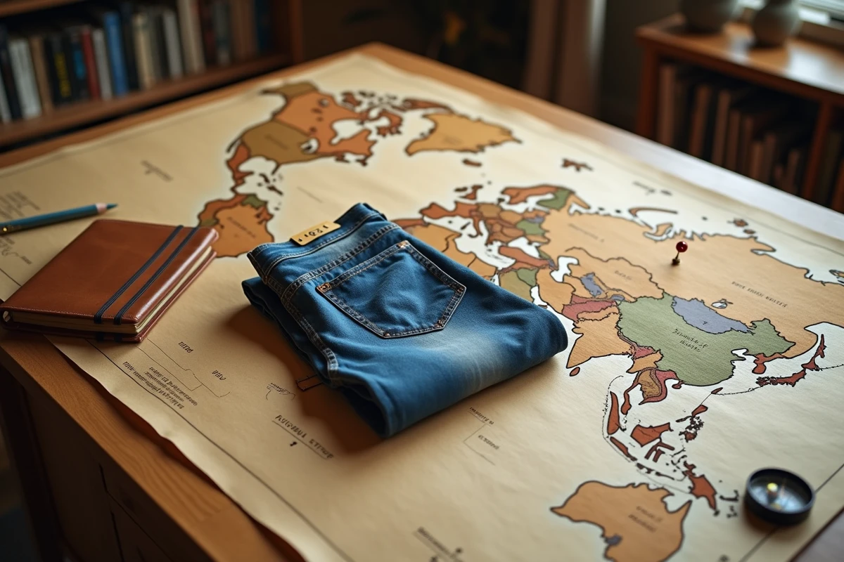 Carte du monde avec un jean posé dessus et des étiquettes géographiques illustrant le trajet parcouru par un jean de sa fabrication à sa vente
