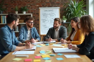 Groupe de professionnels classifiant des activités par catégories autour d'une table de bureau avec des post-its colorés