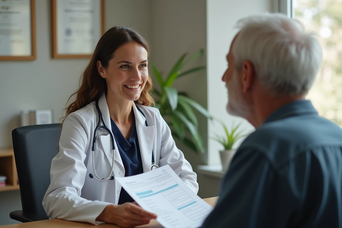 Une médecin à l'écoute active de son patient âgé en consultation, illustrant le centrage sur le patient comme approche de soin individualisée.
