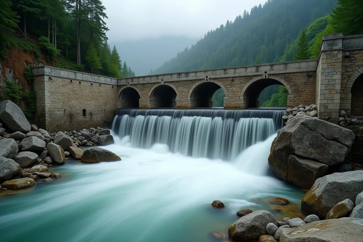 Petite centrale hydroélectrique sur une rivière de montagne intégrée dans un paysage forestier