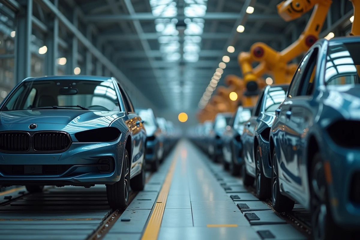 Chaîne de montage automobile moderne avec bras robotiques et carrosseries en cours d'assemblage dans une usine industrielle