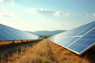 Champ de panneaux solaires photovoltaïques dans un paysage agricole français sous un ciel dégagé