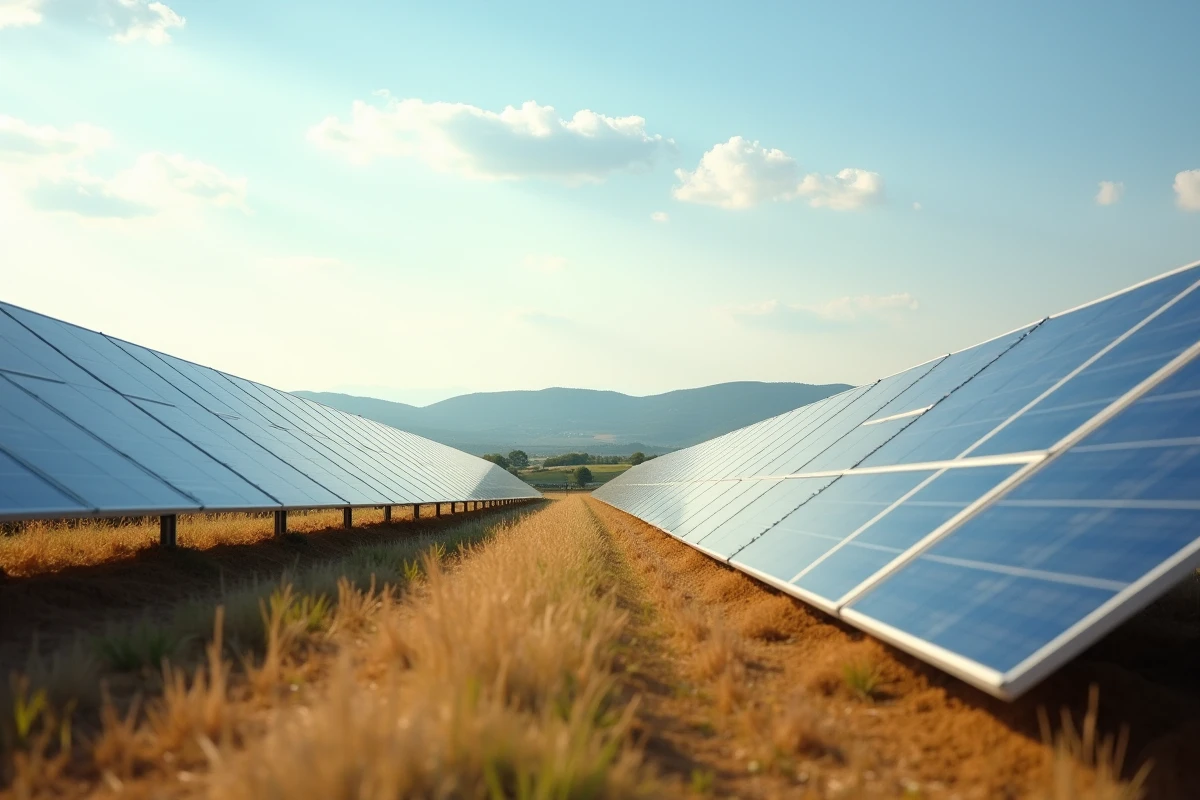 Champ de panneaux solaires photovoltaïques dans un paysage agricole français sous un ciel dégagé