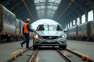 Chargement d'une voiture sur un train auto-transporteur SNCF dans un terminal ferroviaire français