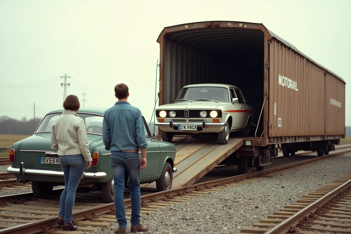 Chargement d'une voiture familiale sur un wagon Motorail, couple observant l'embarquement dans un terminal ferroviaire français