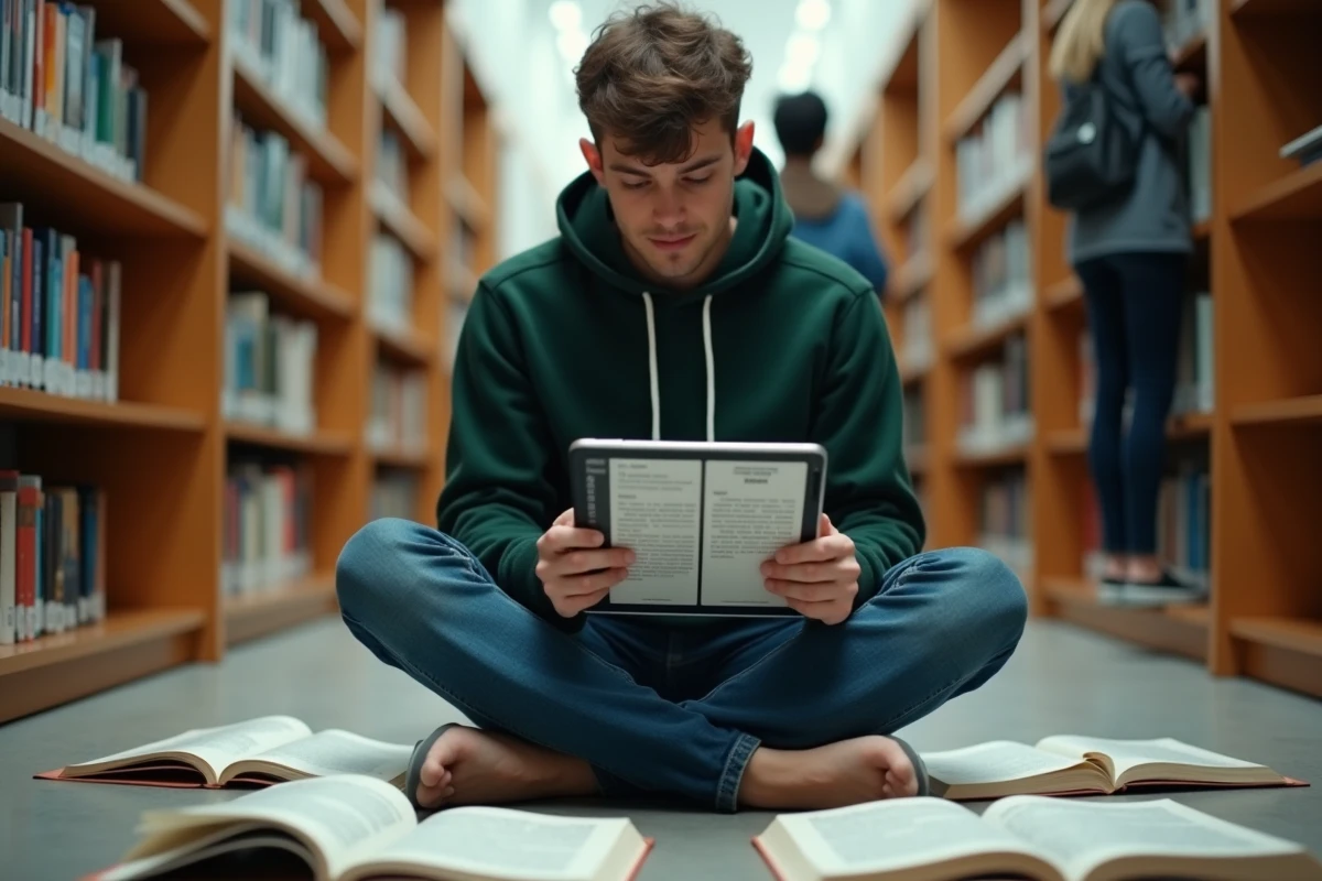 Un étudiant universitaire comparant des traductions générées par ChatGPT sur une tablette dans une bibliothèque