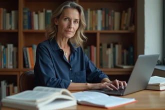Une femme utilisant ChatGPT pour traduire des documents sur son ordinateur portable dans un bureau à domicile entouré de dictionnaires