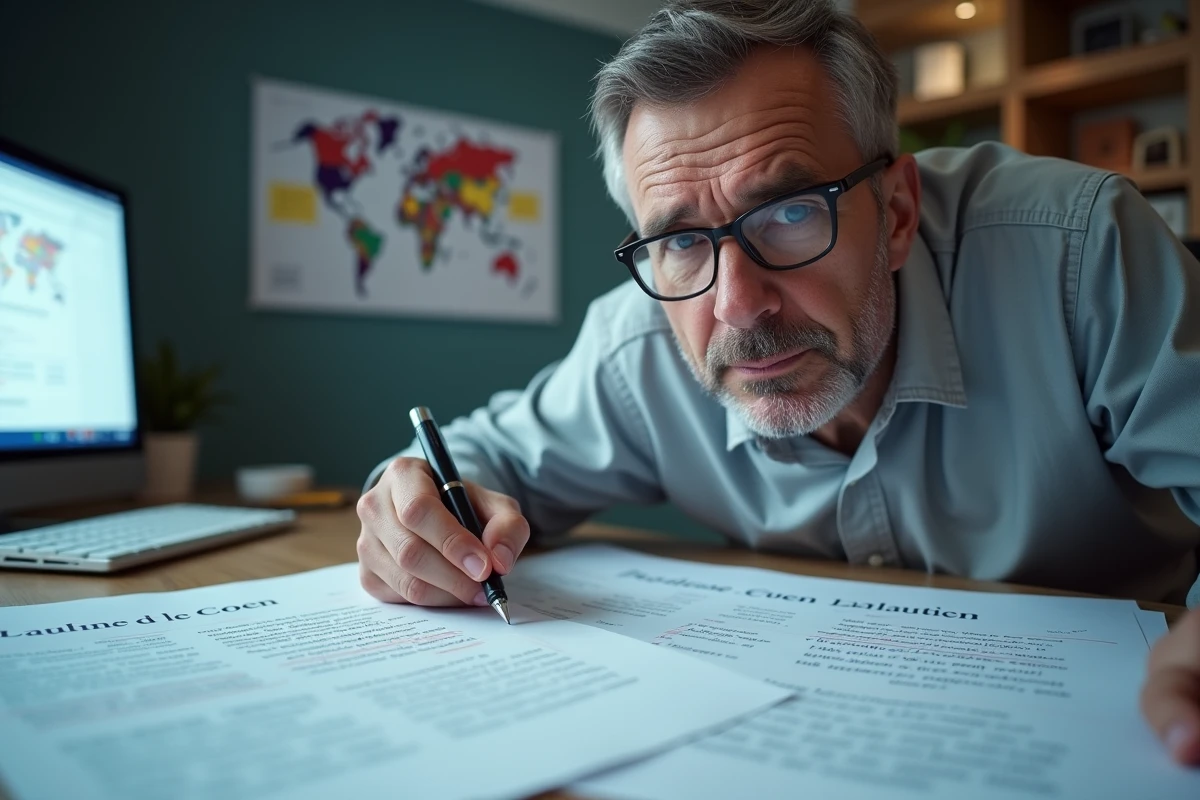 Un traducteur professionnel annotant des documents comparatifs générés par ChatGPT dans un bureau de traduction