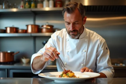Chef étoilé dressant une assiette gastronomique raffinée dans une cuisine professionnelle
