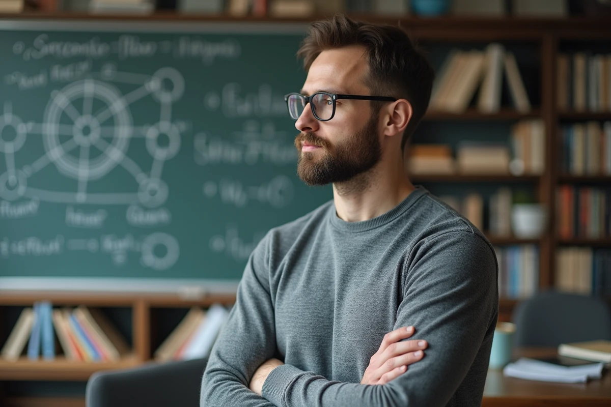 Chercheur en éthique de l'intelligence artificielle dans une bibliothèque de recherche entourée de formules et de schémas conceptuels