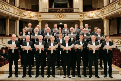 Chœur mixte interprétant La Marseillaise dans une salle de concert historique, tenant des partitions imprimées