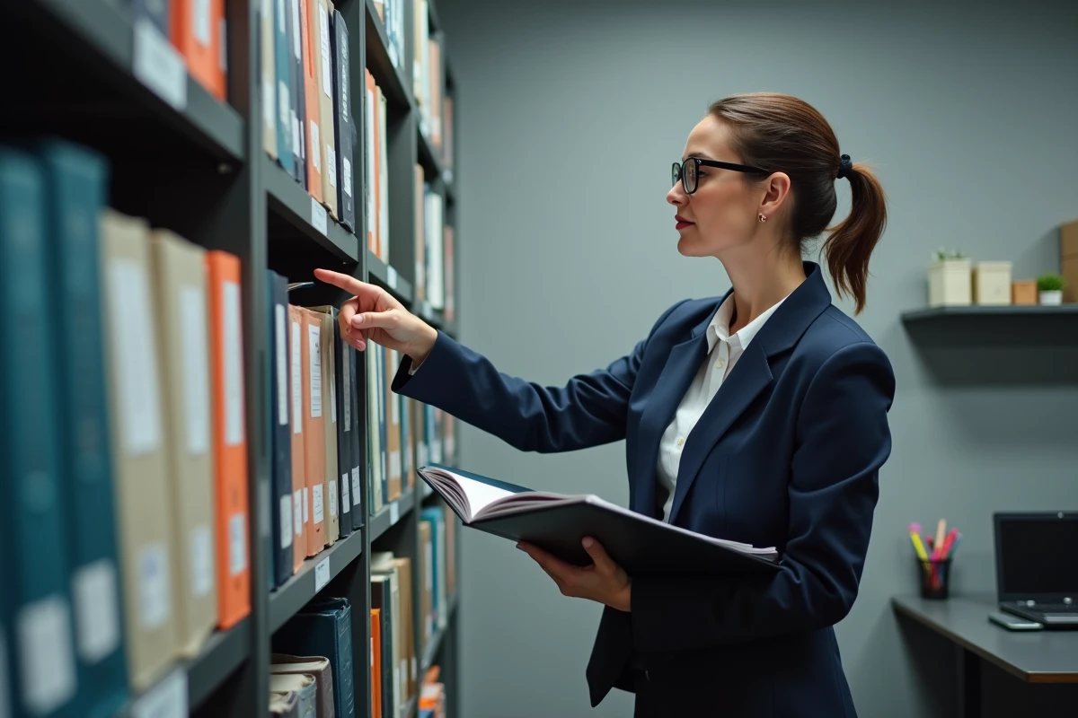 Femme professionnelle organisant des dossiers par catégories d'activités dans une salle d'archives