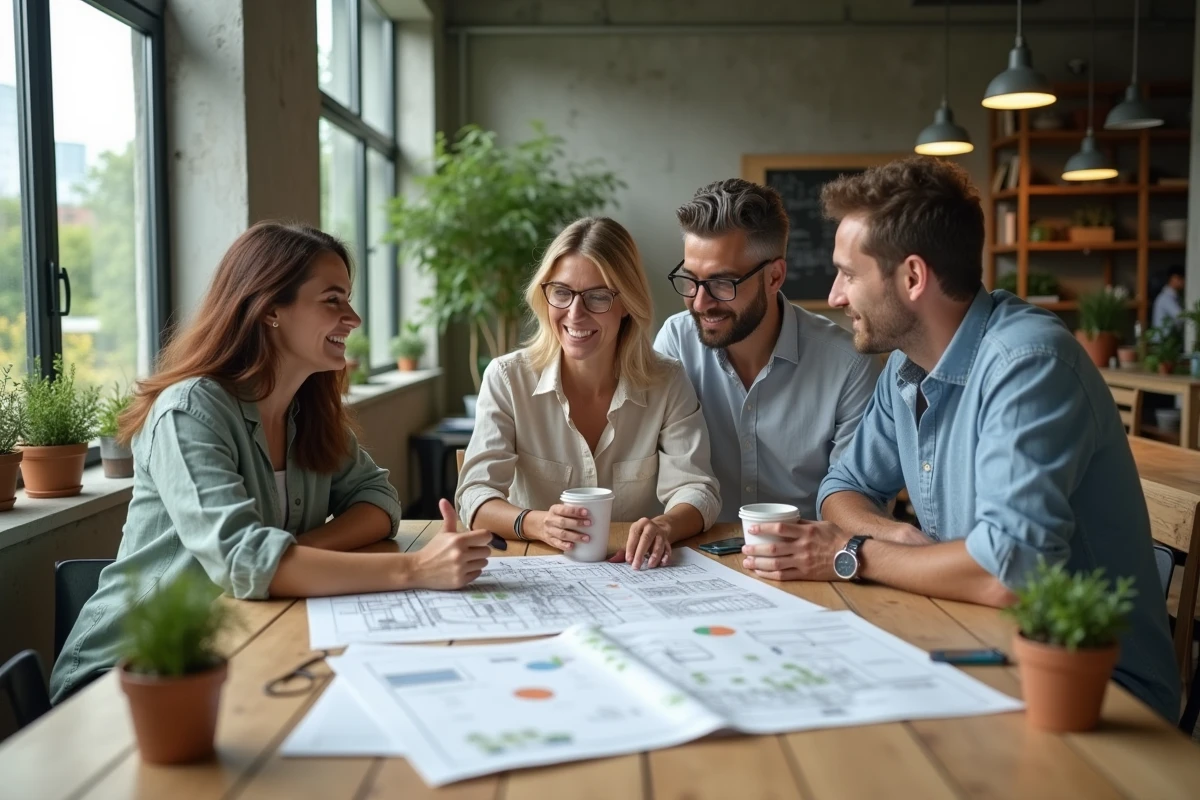 Groupe de professionnels réunis autour d'une table pour planifier un projet de développement durable avec des plans d'urbanisme et des matériaux recyclés