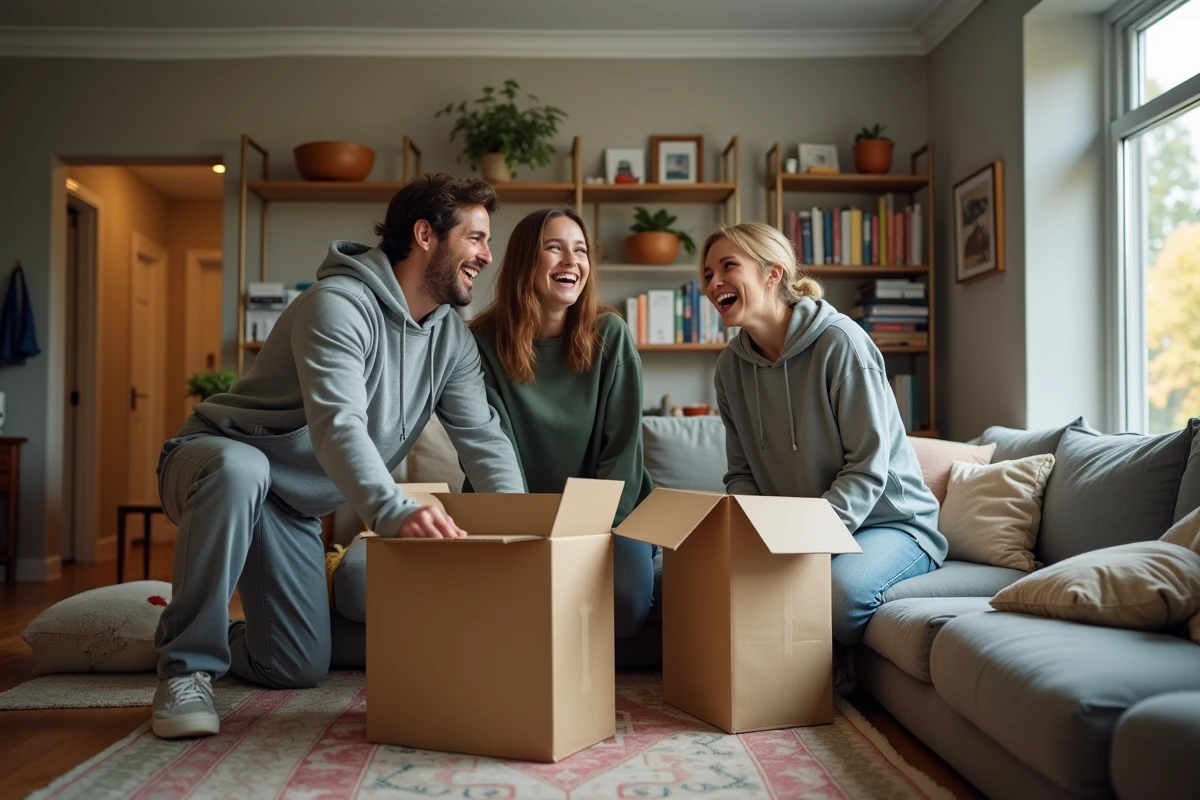 Trois colocataires en train de s'installer ensemble dans un appartement en colocation