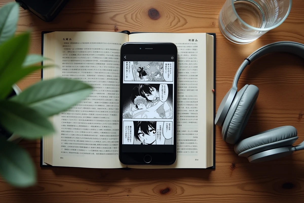 Comparaison entre lecture numérique sur smartphone et manga physique, illustrant les alternatives aux plateformes de scantrad en 2026