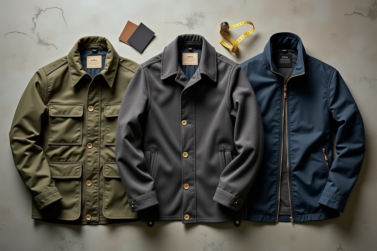 Comparaison de matériaux durables pour vestes : coton ciré, laine et nylon technique en flat lay