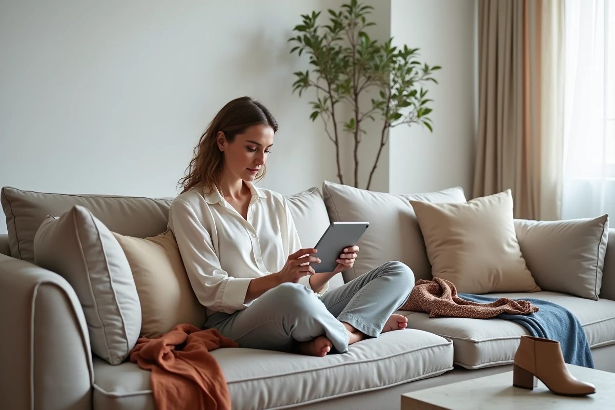 Femme composant sa tenue sur un canapé avec des vêtements disposés autour d'elle et une tablette