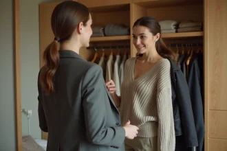 Femme comparant deux vêtements devant un miroir de chambre pour composer son look