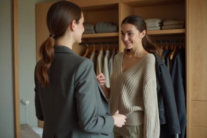 Femme comparant deux vêtements devant un miroir de chambre pour composer son look