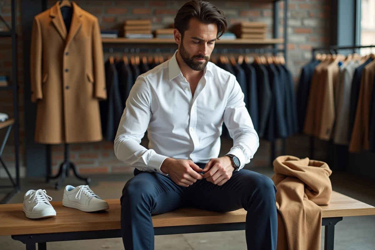Homme stylé ajustant sa tenue dans une boutique de mode urbaine pour parfaire son look