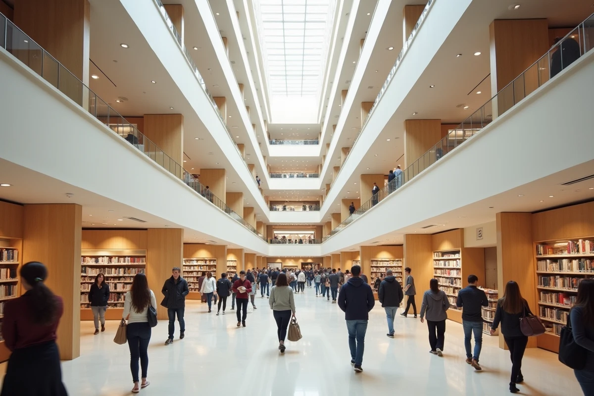 Atrium intérieur d'une bibliothèque moderne illustrant la composition spatiale et l'organisation du vide habitable
