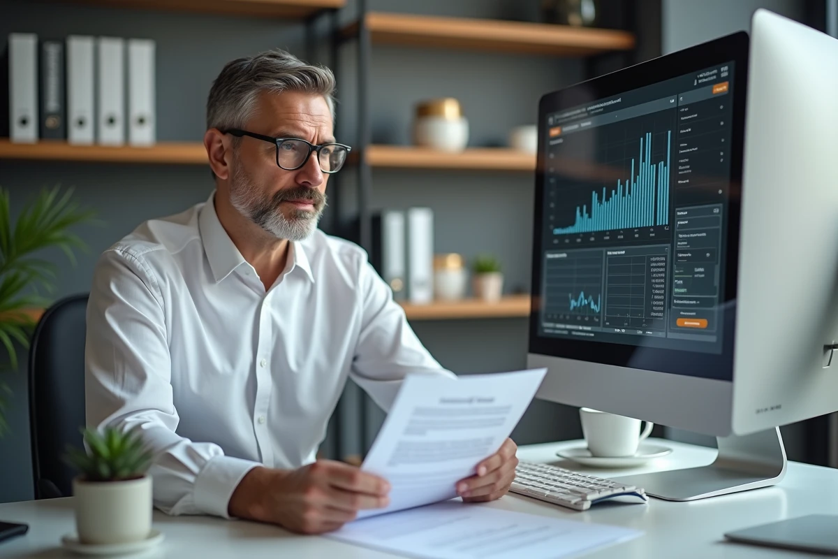 Comptable analysant le régime fiscal d'une colocation sur ordinateur dans un bureau à domicile professionnel
