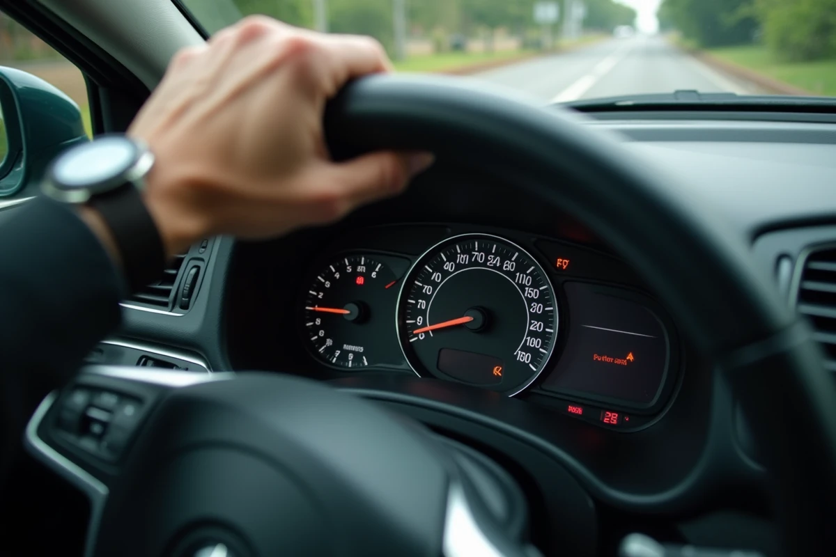 Tableau de bord d'une voiture montrant le compteur de vitesse avec les graduations mph et km/h à 37 mph