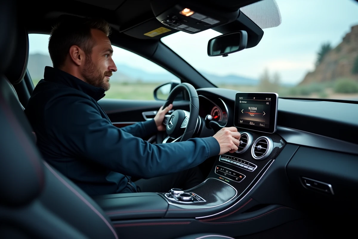 Conducteur interagissant avec le sélecteur AMG Dynamics dans l'habitacle d'une Mercedes-AMG C63