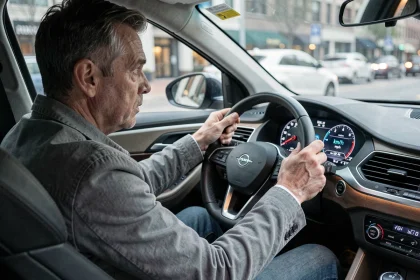 Conducteur confus regardant le tableau de bord affichant des vitesses en km/h et mph dans une voiture moderne
