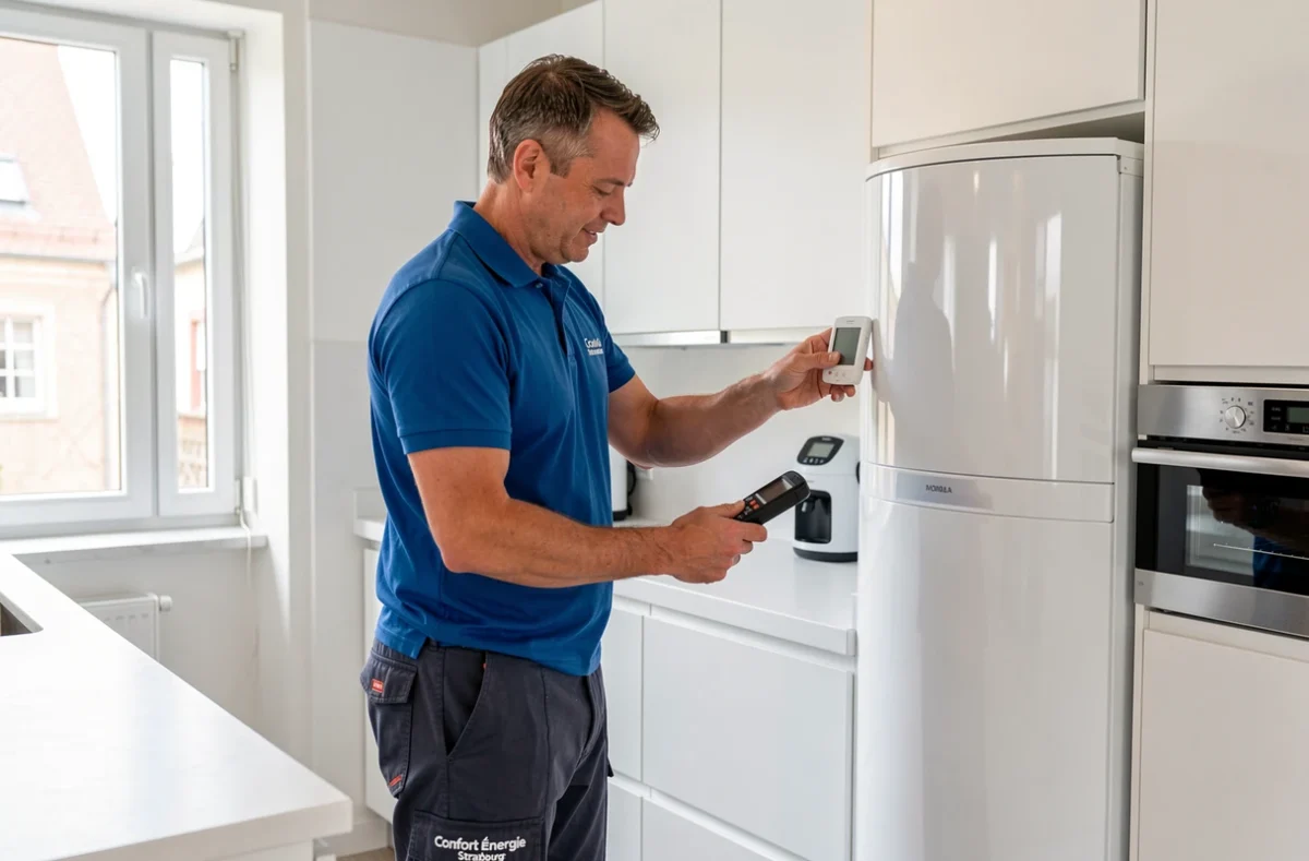 Technicien de Confort Énergie Strasbourg réglant un système de chauffage moderne dans une cuisine contemporaine à Strasbourg