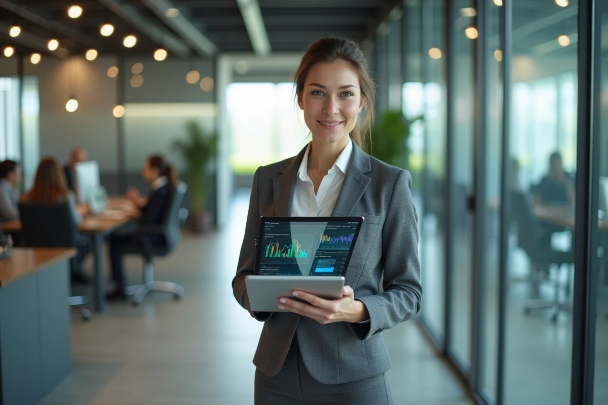Femme conseillère financière présentant des graphiques d'investissement sur une tablette dans un cabinet financier moderne
