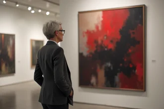 Conservatrice de musée devant une grande peinture abstraite expressionniste dans une galerie d'art moderne