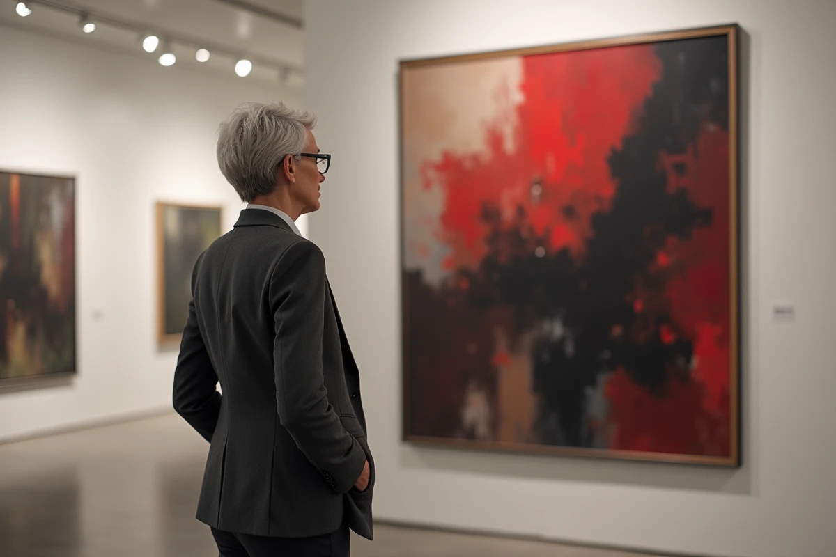 Conservatrice de musée devant une grande peinture abstraite expressionniste dans une galerie d'art moderne