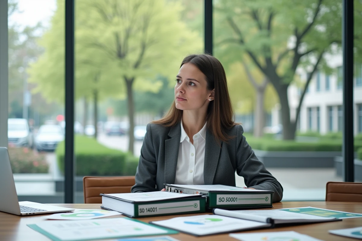 Consultante environnementale comparant les normes ISO 14001 et ISO 50001 dans une salle de réunion avec documents de gestion environnementale