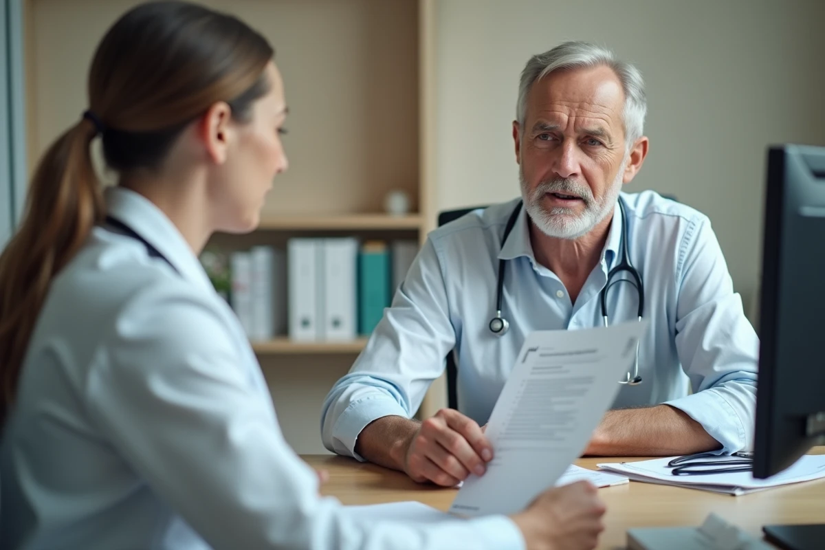 Consultation médicale entre un patient en arrêt de travail et son médecin généraliste discutant d'un dossier d'inaptitude et des droits à l'indemnisation