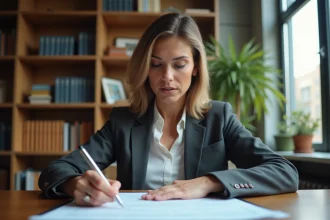 Femme signant un contrat de location immobilière dans un bureau professionnel