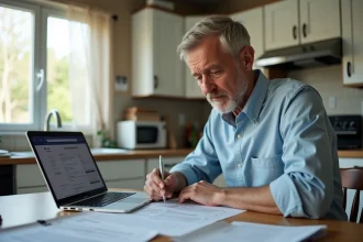 Homme américain remplissant sa déclaration d'impôts sur le revenu à la cuisine avec des formulaires fiscaux IRS étalés sur la table