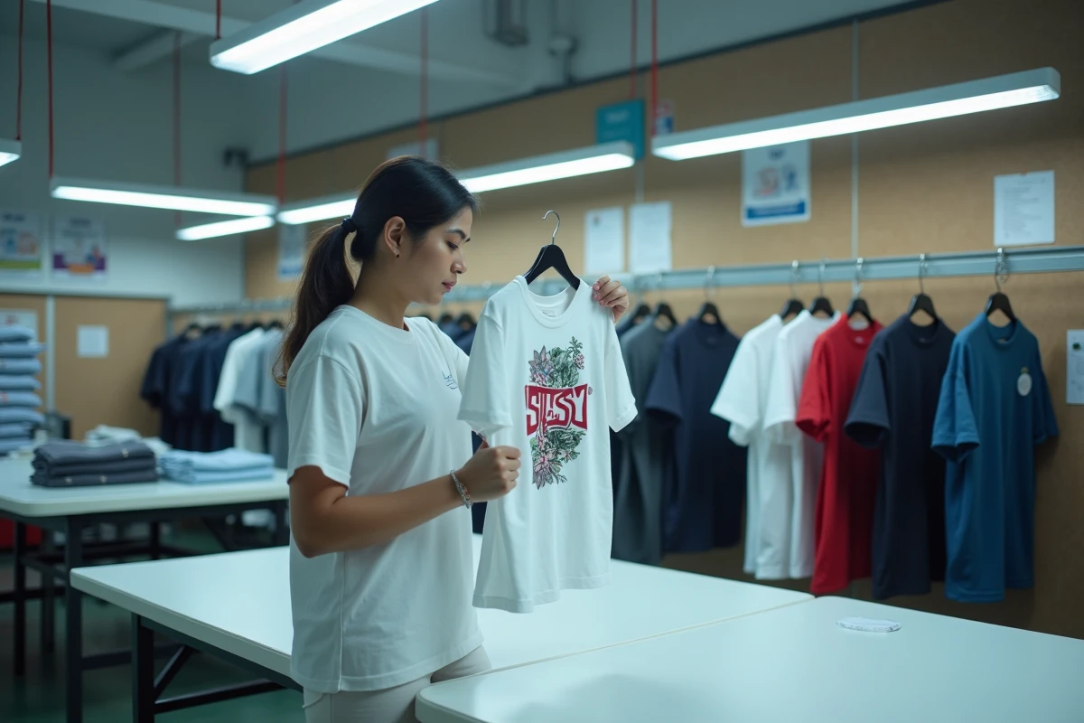 Contrôleuse qualité inspectant un t-shirt de marque streetwear dans une usine de confection