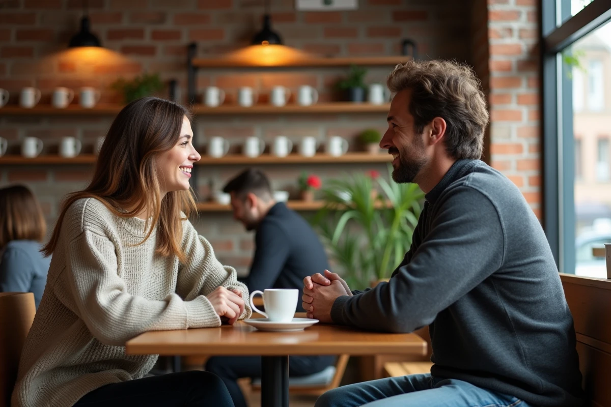 Deux personnes engagées dans une conversation authentique dans un café, symbolisant le dialogue sur les orientations sexuelles comme l'asexualité et l'allosexualité