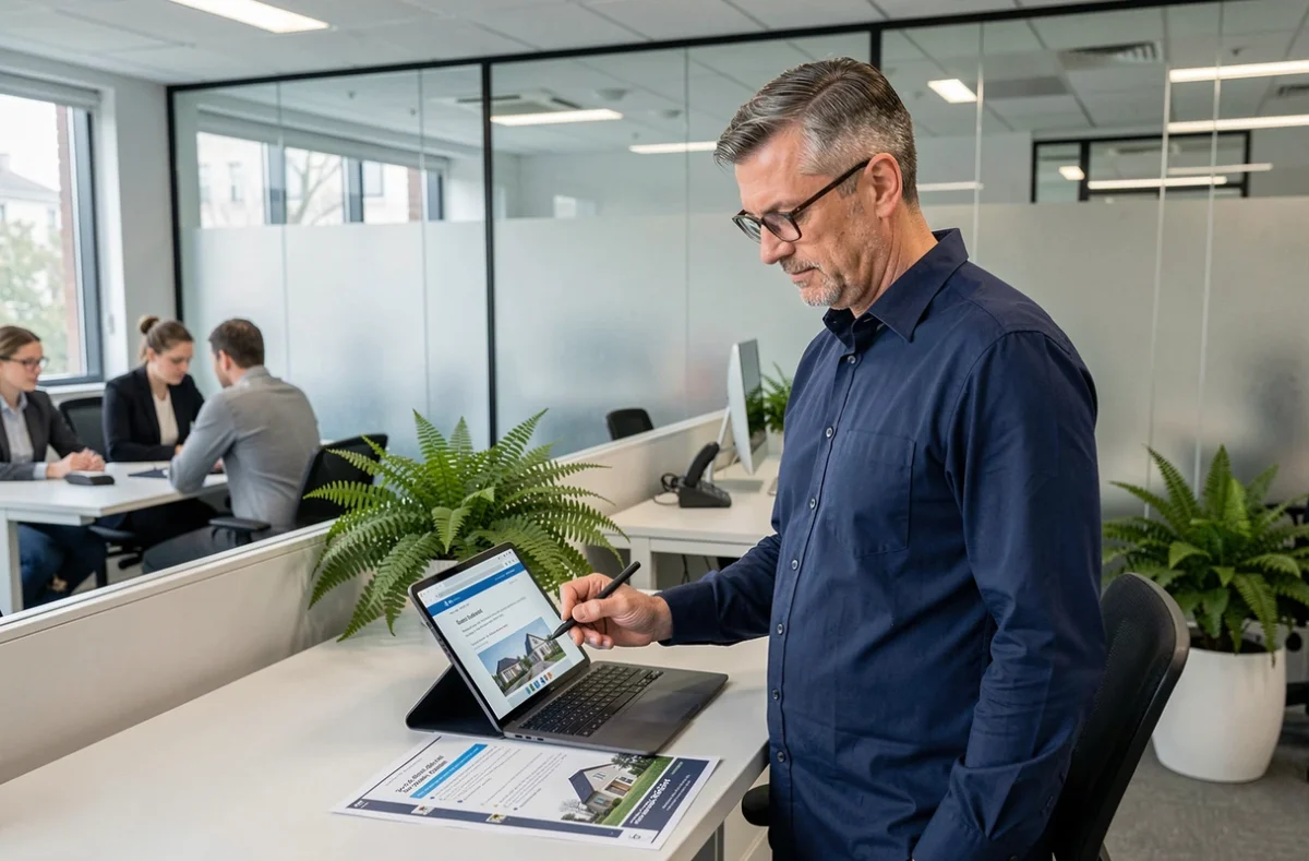 Homme en bureau moderne consultant un convertisseur en ligne hectares kilomètres carrés sur une tablette numérique dans un environnement professionnel