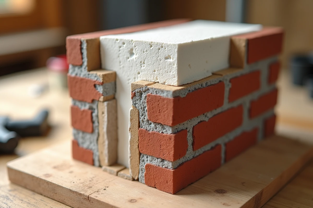 Coupe transversale détaillée d'un mur de brique montrant les couches d'isolation thermique par injection de mousse et l'enduit intérieur