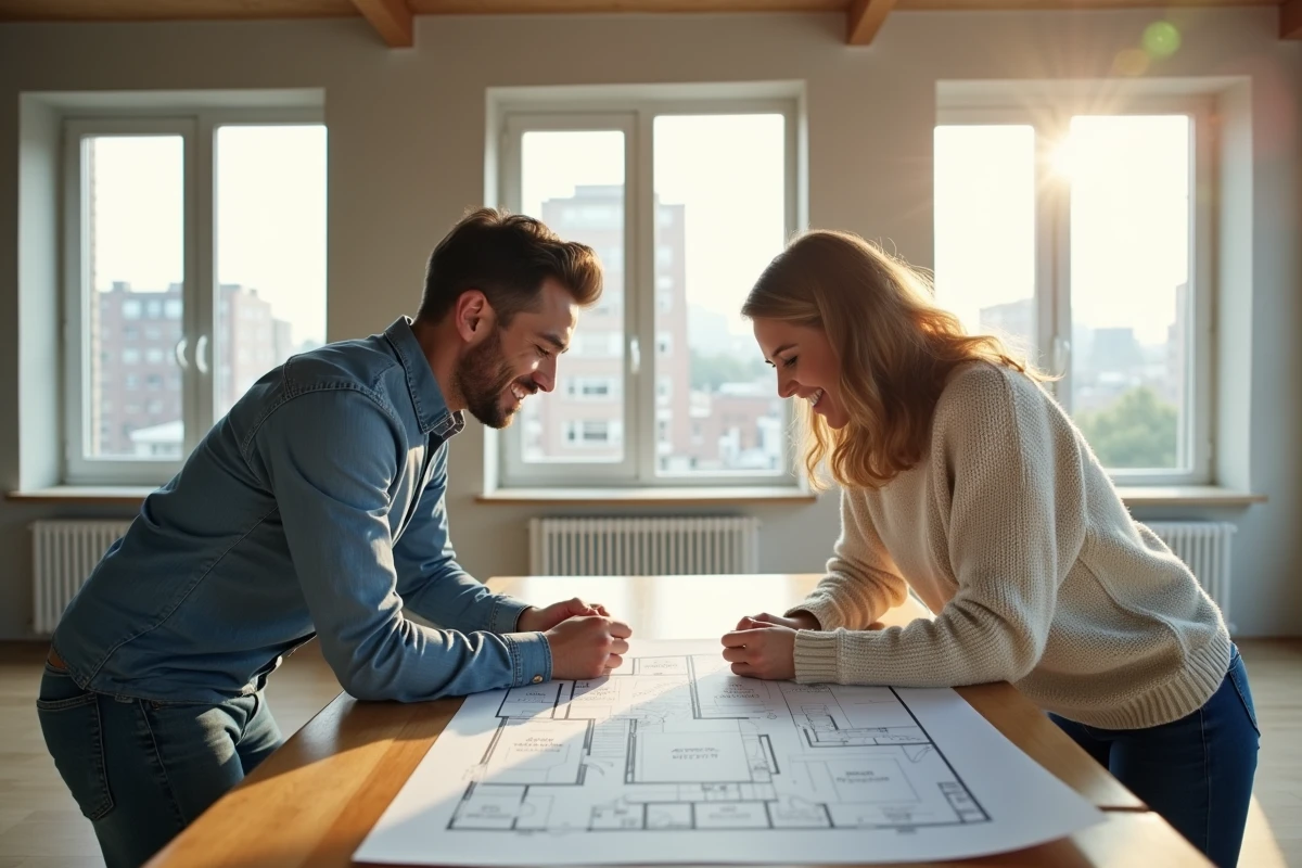 Couple étudiant des plans d'un appartement à rénover pour un investissement locatif