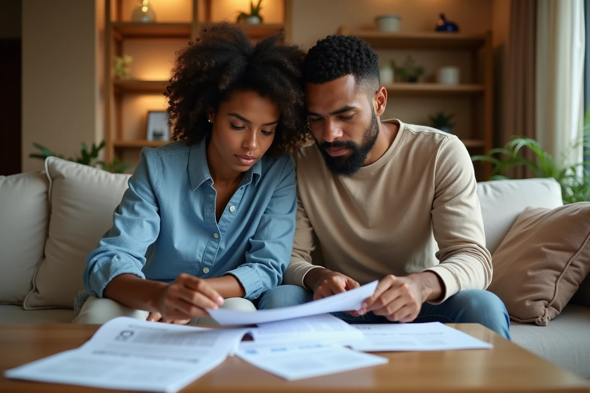 Couple adulte examinant des documents officiels d'adoption ensemble dans leur salon familial