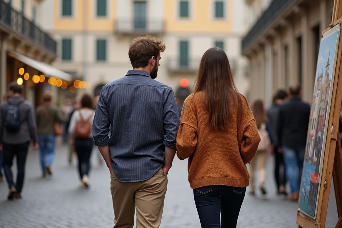Couple visitant une foire d'art en plein air avec des œuvres surréalistes dans une place européenne