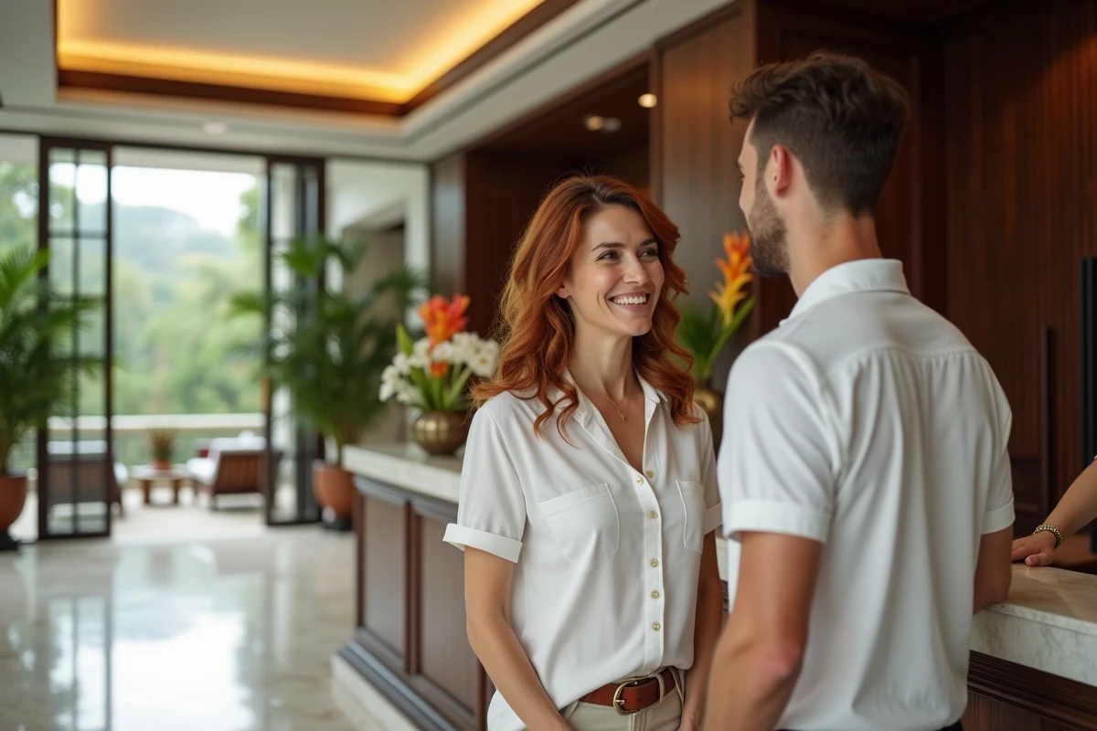 Couple à la réception d'un hôtel resort de luxe, alternative haut de gamme au Club Med