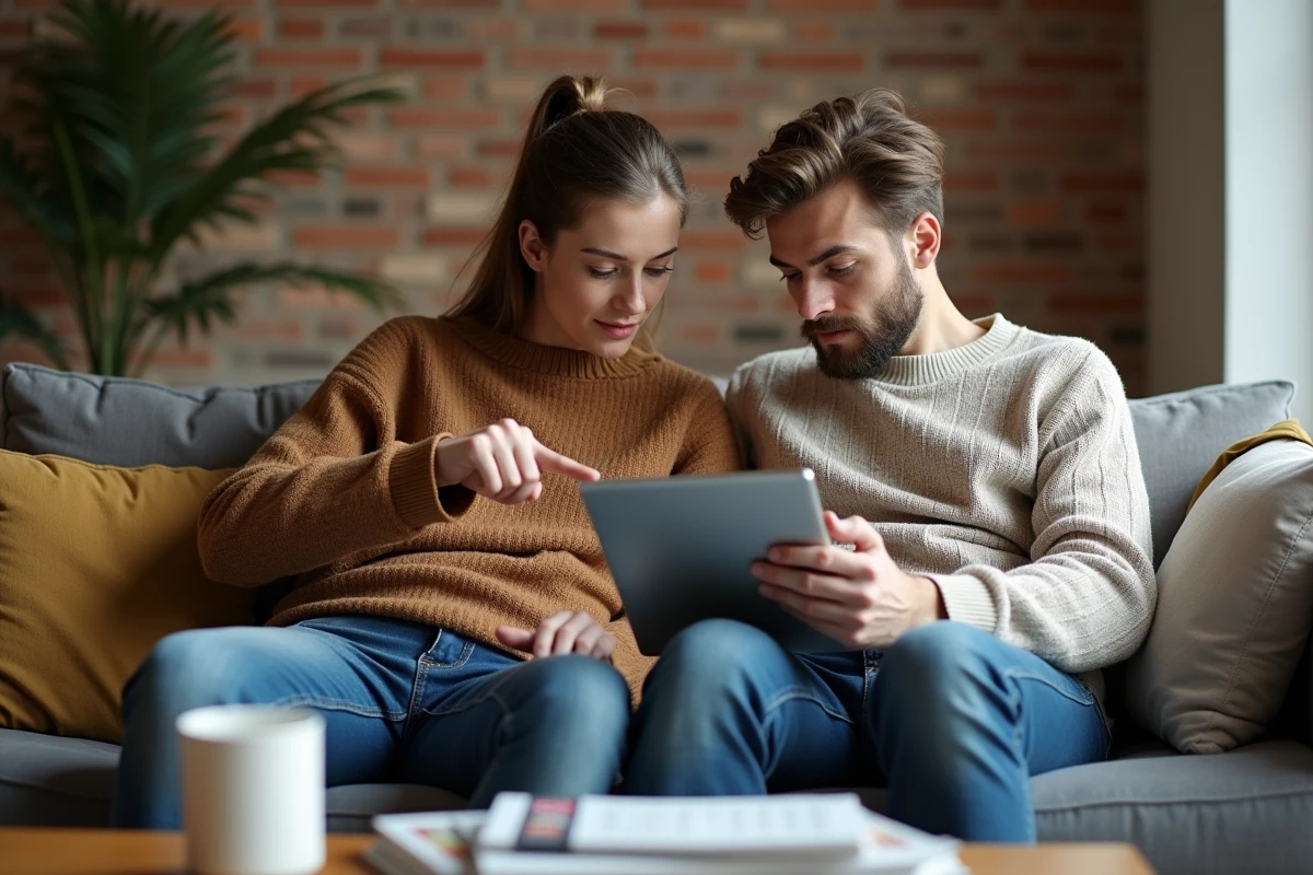 Un couple de millennials examine ensemble un calculateur de retraite sur une tablette dans leur appartement