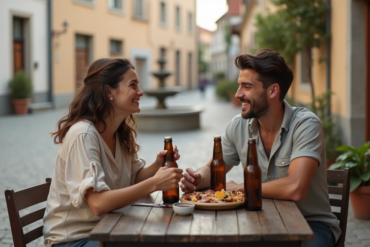 Couple profitant d'un repas abordable en terrasse dans une ville d'Europe de l'Est, symbolisant le faible coût de la vie dans les pays d'Europe centrale et orientale
