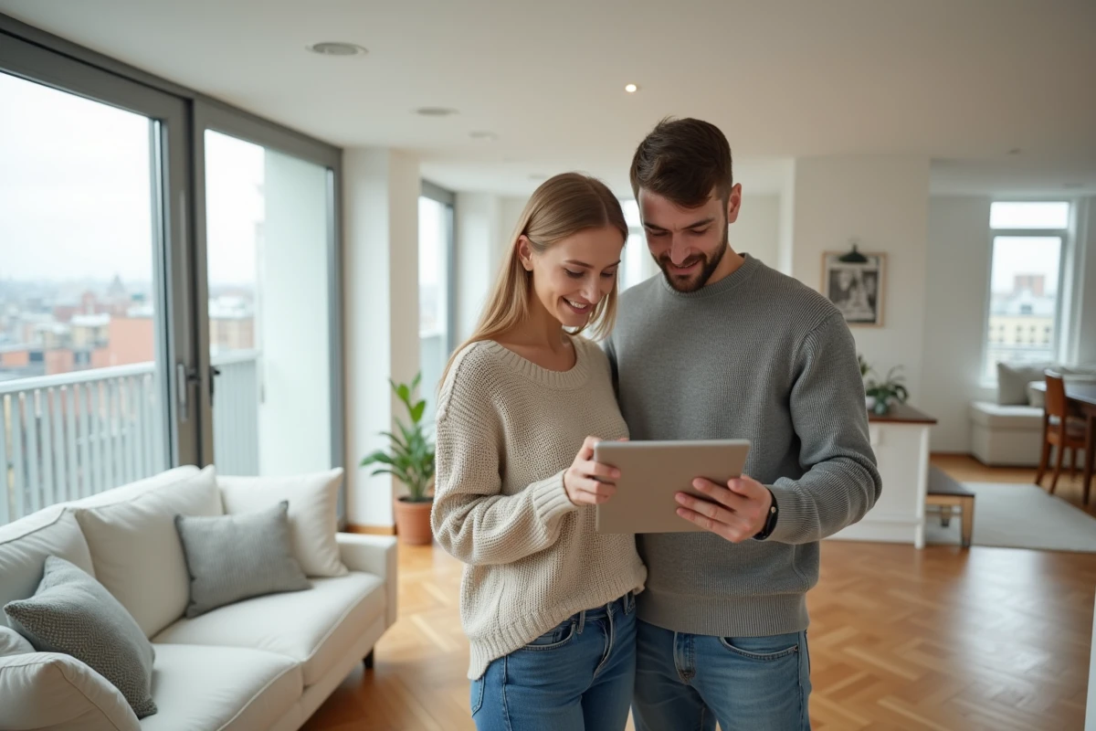 Couple consultant les prix de vente immobiliers sur une tablette dans leur appartement avant une mise en vente