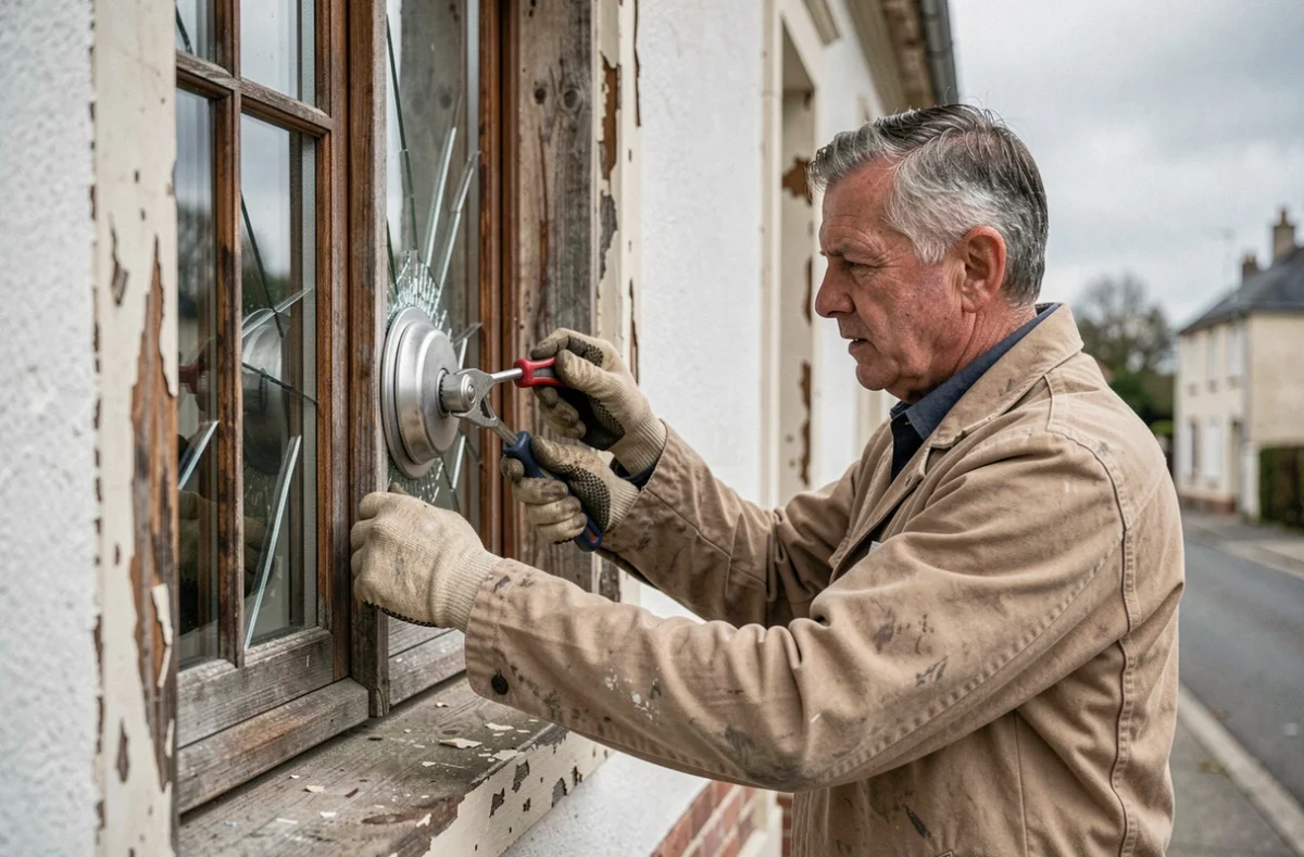 Vitrier de l'entreprise Couprie Vincent extrayant une vitre brisée d'un châssis de fenêtre résidentielle en Loire-Atlantique avec des ventouses professionnelles
