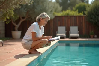 Propriétaire de maison analysant les coûts annuels de sa piscine extérieure dans un jardin méditerranéen